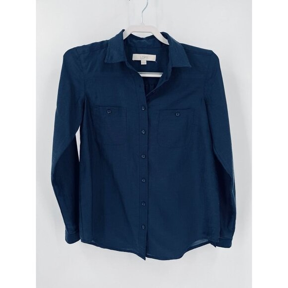 Loft Ladies Button Down Shirt XS Navy Long Sleeve Lightweight  Capsule Wardrobe - Picture 1 of 7